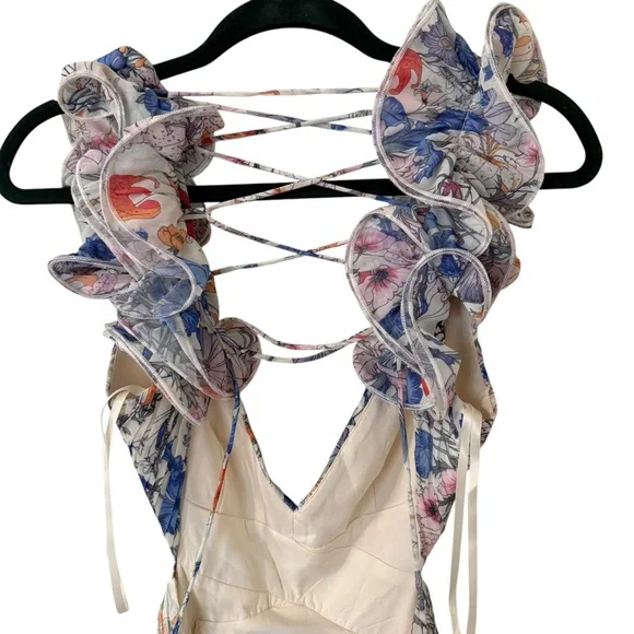 NWT Sunfere Floral Cut Out Maxi Dress Size Medium Lace Up Back Ruffles Flowy - Picture 8 of 14